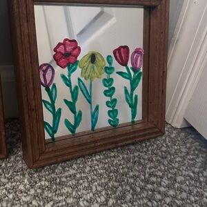 Hand-Painted Floral Mirror with Wood Frame